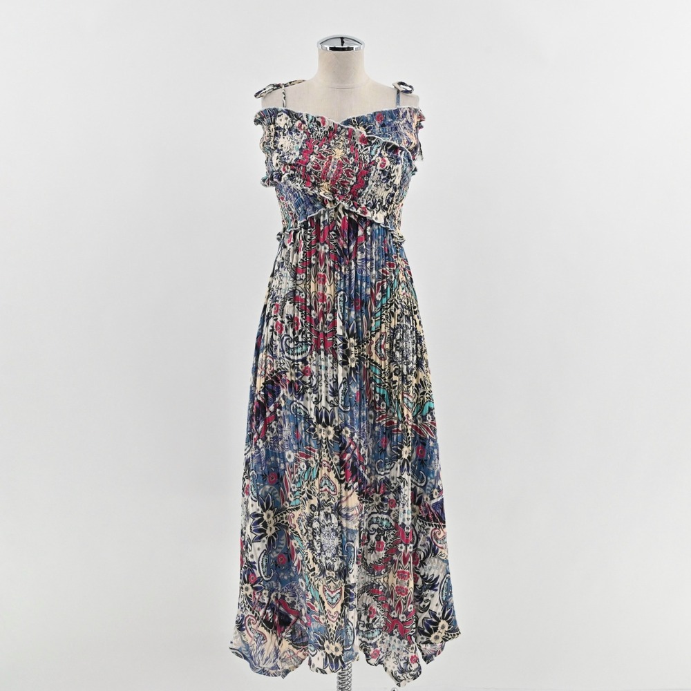 Anthropologie Smocked Gauze Criss-Cross Dress Size S Floral Tie Shoulder Boho